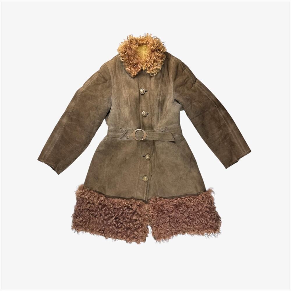 Vintage sueded afghan Sherpa penny lane belted trench faux fur coat